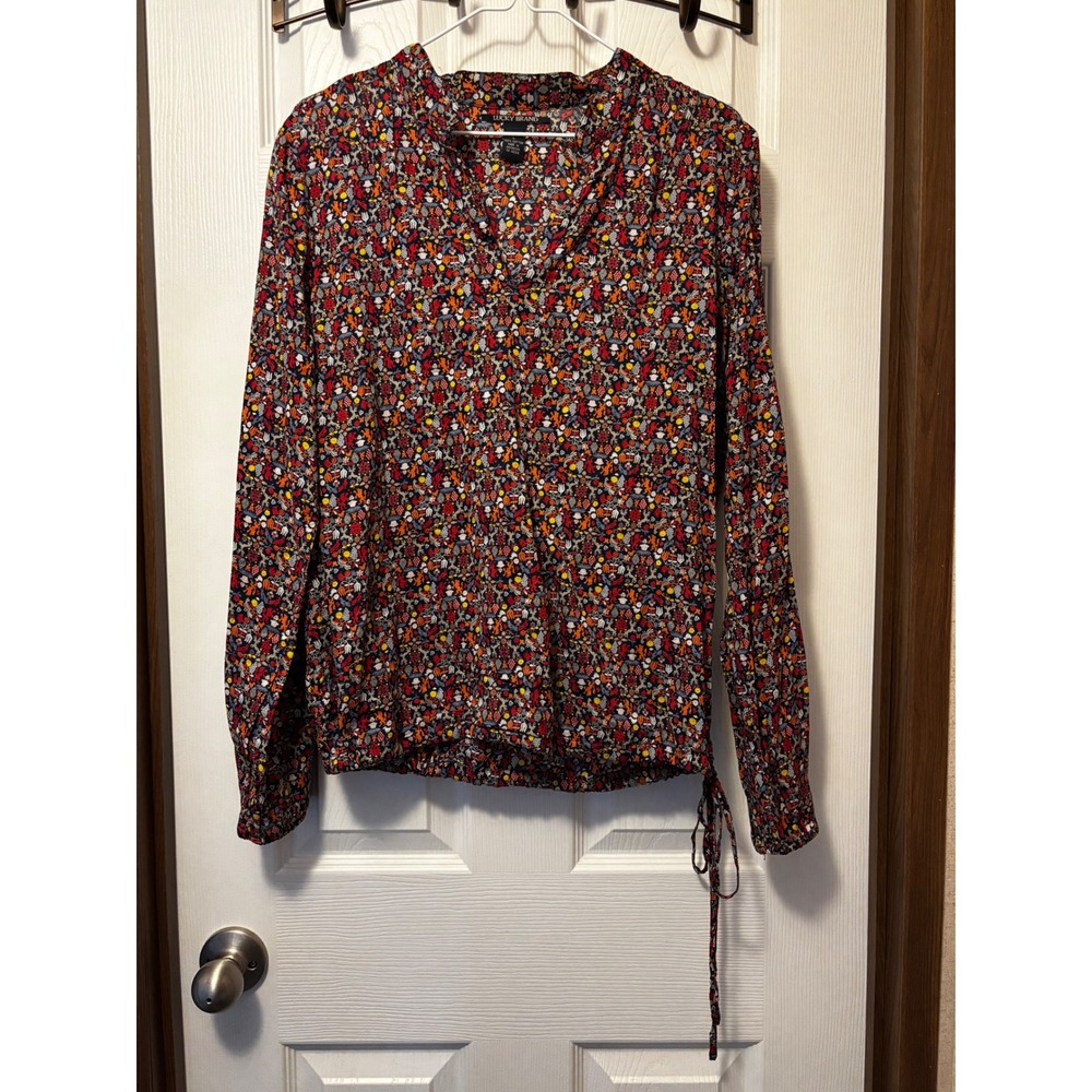 Lucky Brand Womens Large Multi Color Folk Art Print Cotton Side Tie Blouse L